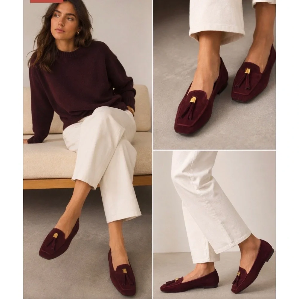 Stuart Weitzman Burgundy Suede Square Toe Tassel Loafer Flats CIYW 36619 Size 9M